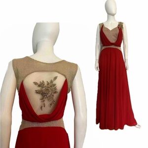 WOMEN'S FORMAL LONG A-LINE CHIFON DRESS LINED SHEER BACK WITH RHINESTONES IN RED